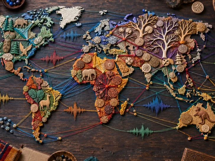 Tabletop world map made with colorful threads, carved tokens, and branching connections
