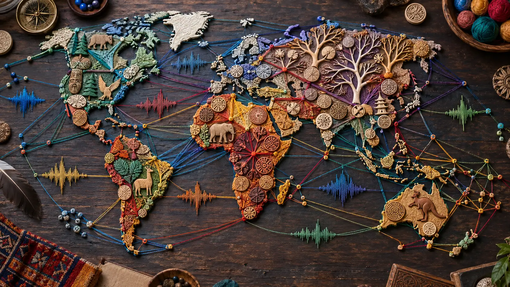 Tabletop world map made with colorful threads, carved tokens, and branching connections