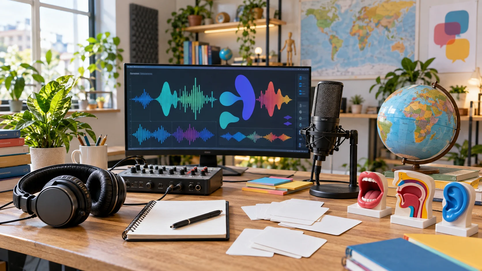 Language-learning studio with headphones, microphones, globe, and sound models