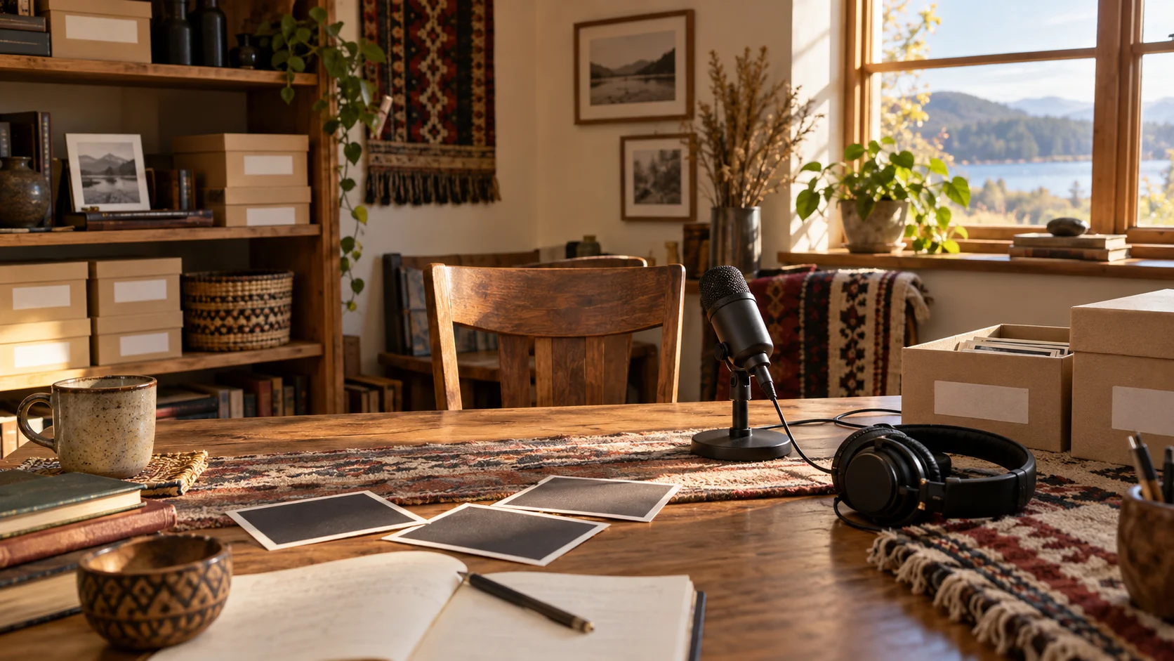 Community recording room with microphone, headphones, woven textiles, and archive boxes