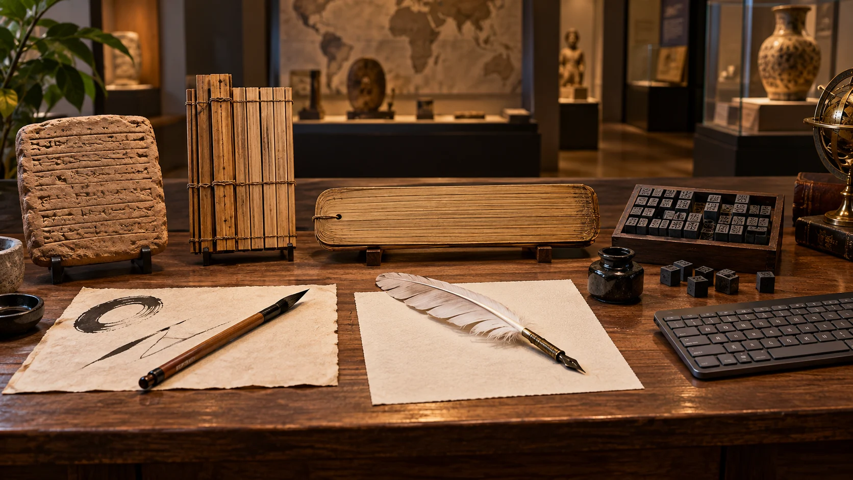 Writing history display with clay tablet, bamboo slips, quill, brush, type, and keyboard