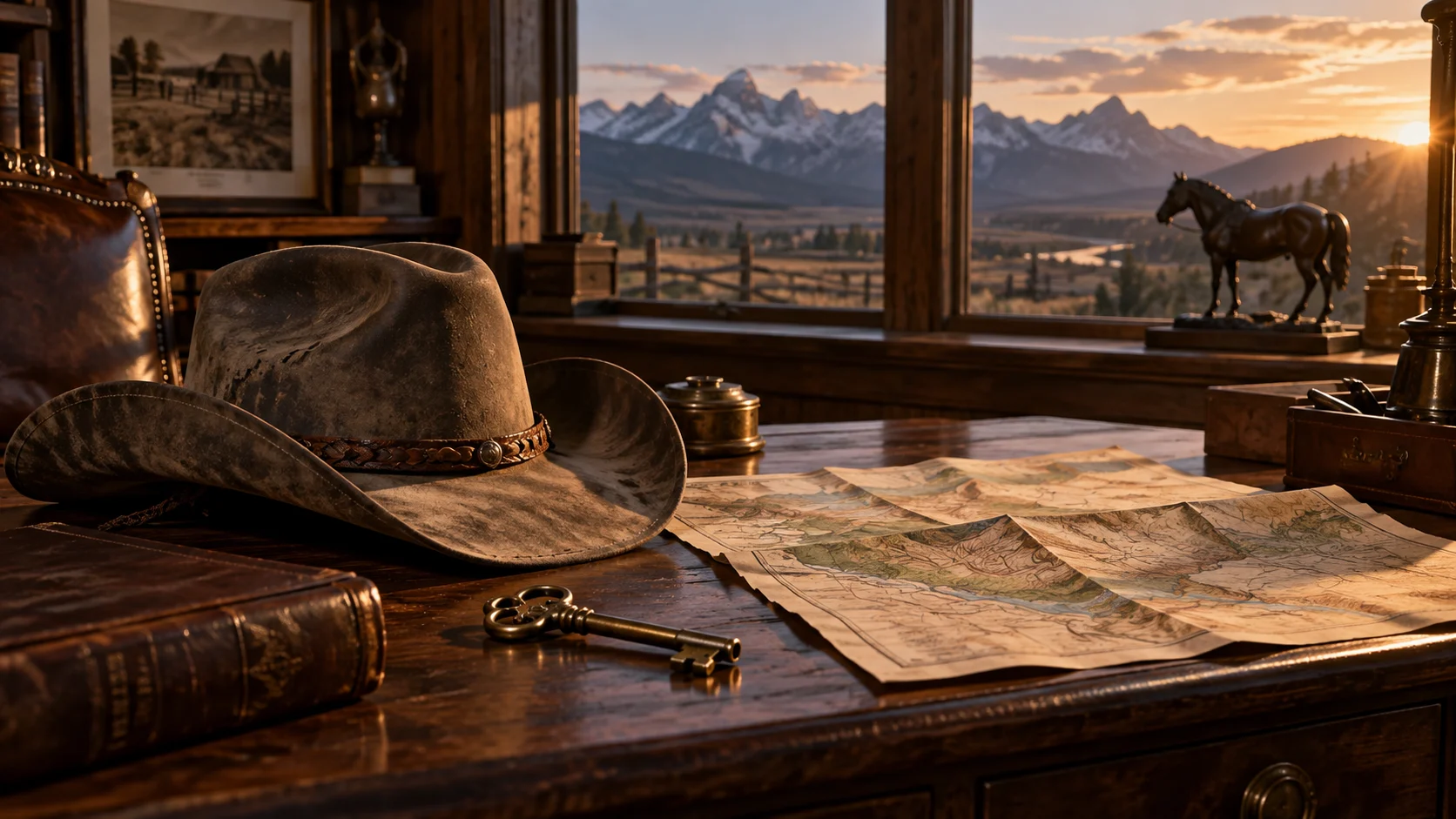 A cowboy hat, antique key, and map on a ranch office desk