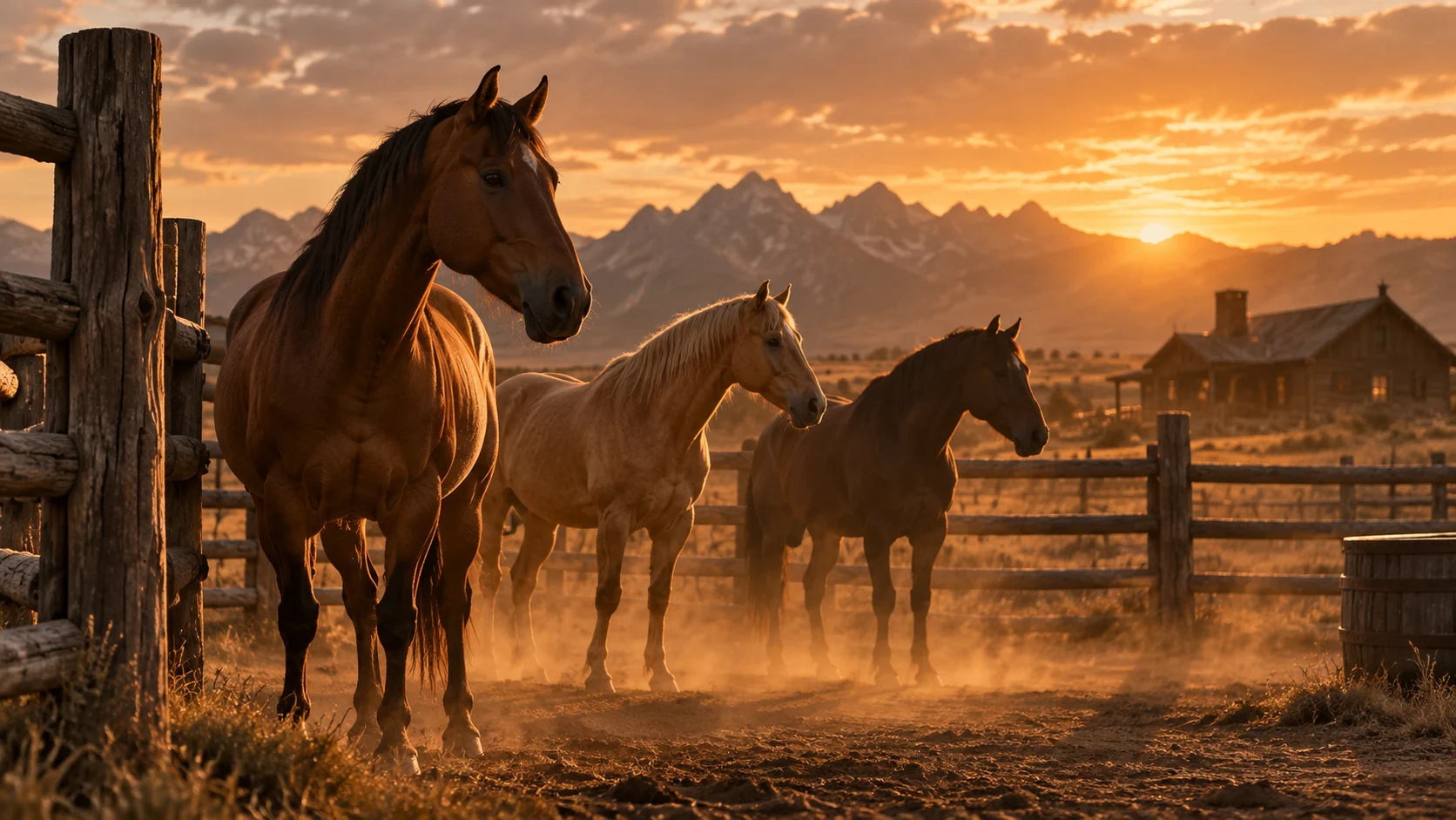 Three horses stand in a dusty mountain corral at sunset