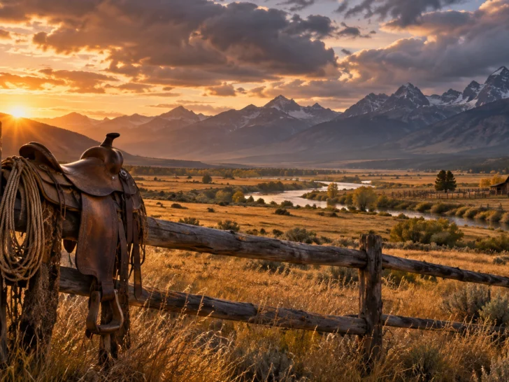 A weathered saddle overlooks a ranch valley at sunrise