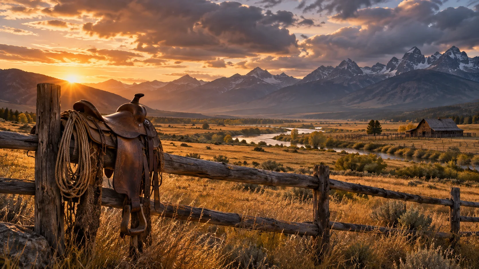 A weathered saddle overlooks a ranch valley at sunrise