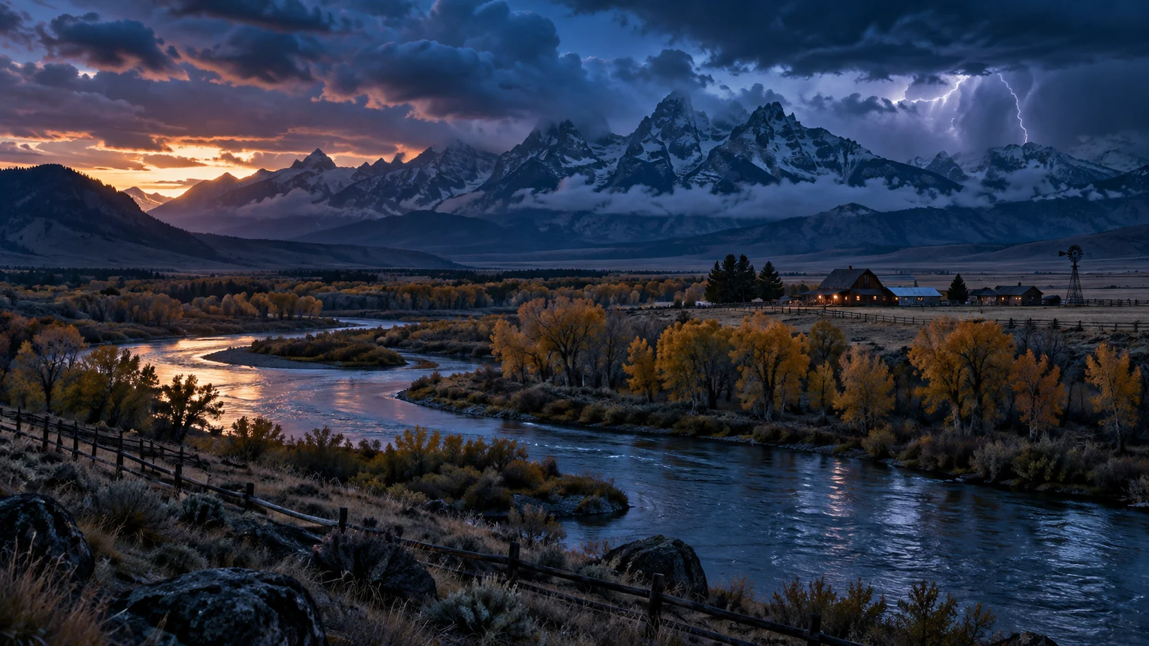 A winding river and ranch beneath stormy mountain skies