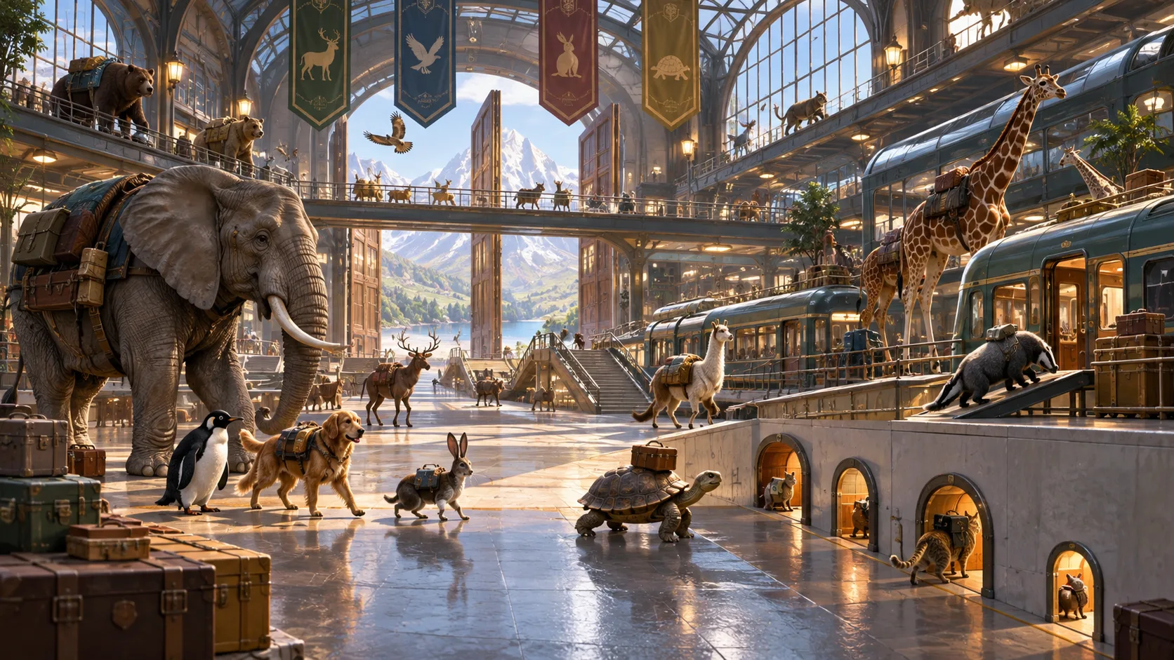 A busy transit station designed for animals of many sizes