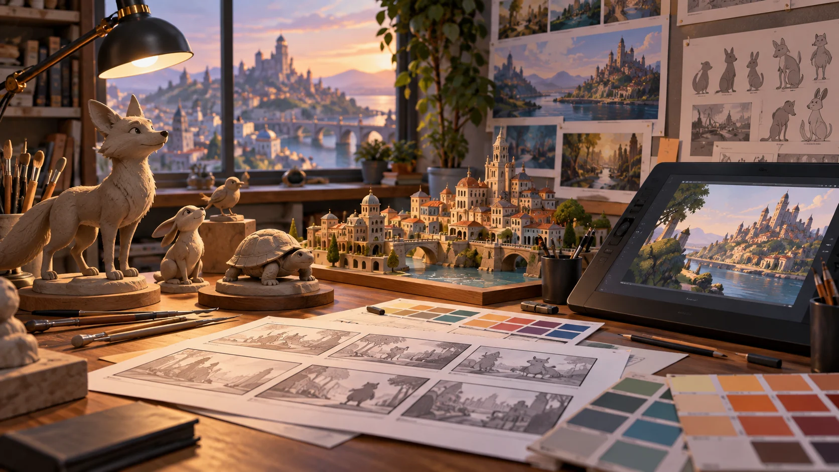 An animation studio desk with animal city concept models
