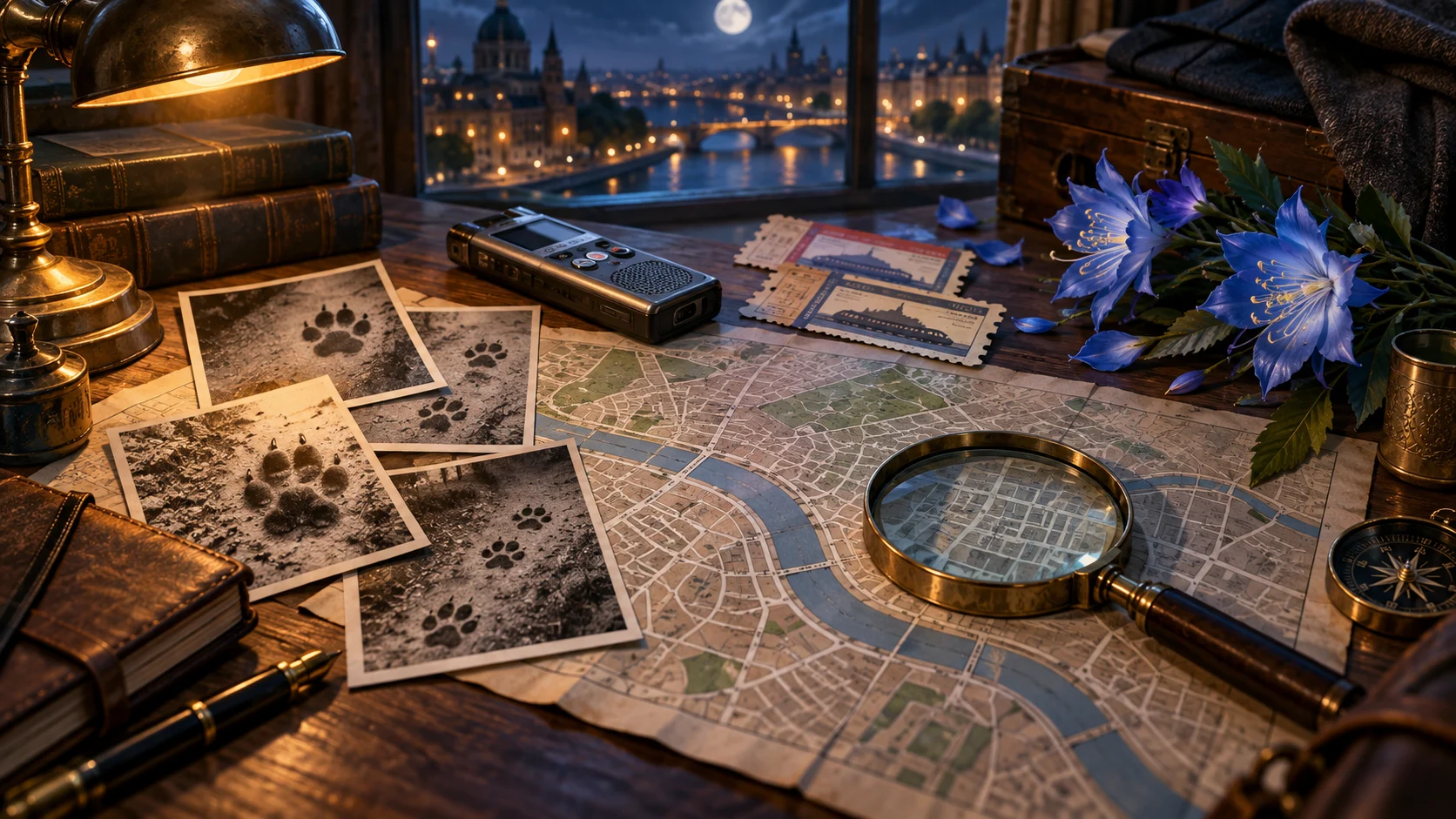 A detective desk covered with animal-city clues and evidence